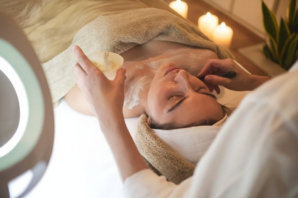 Person receiving a facial treatment with a towel on their head and a skincare product applied.